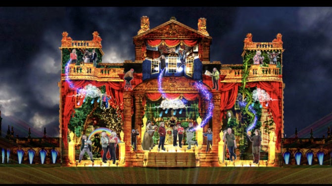 A composite image with the background of a building superimposed with photography of people doing a variety of jobs. In the image it is night time and the building is floodlit.